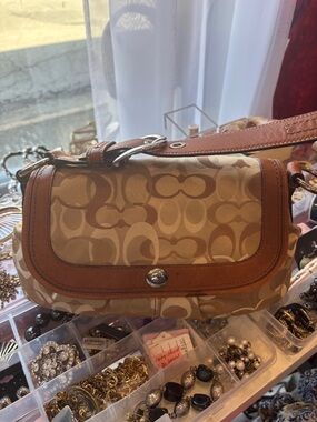 Coach Tan and Brown Signature Canvas Shoulder Bag